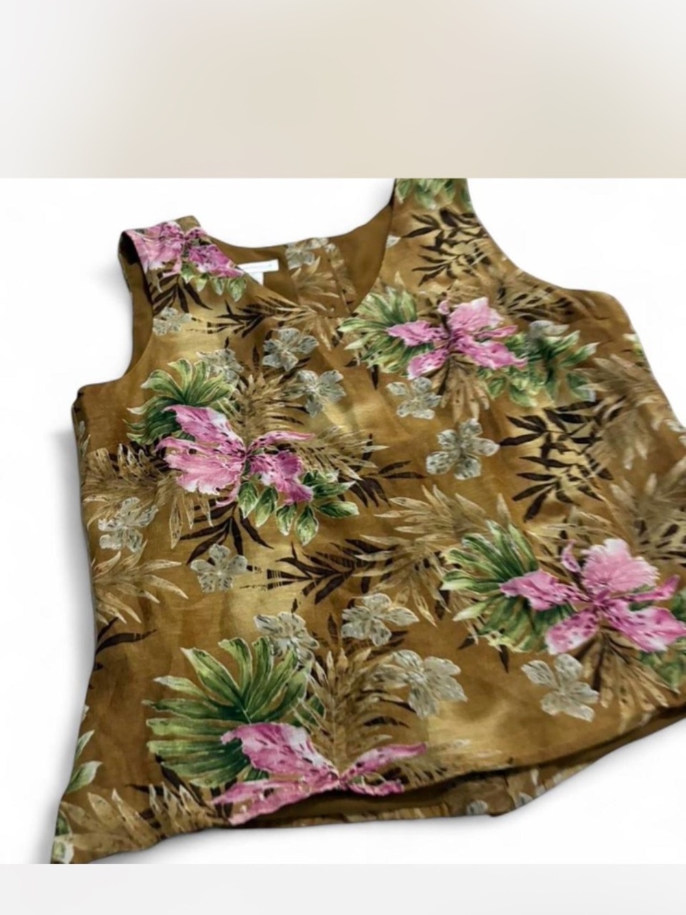 Charter Club Botanical Print Silk Linen Blend Sleeveless Top Y2K Whimsigoth
